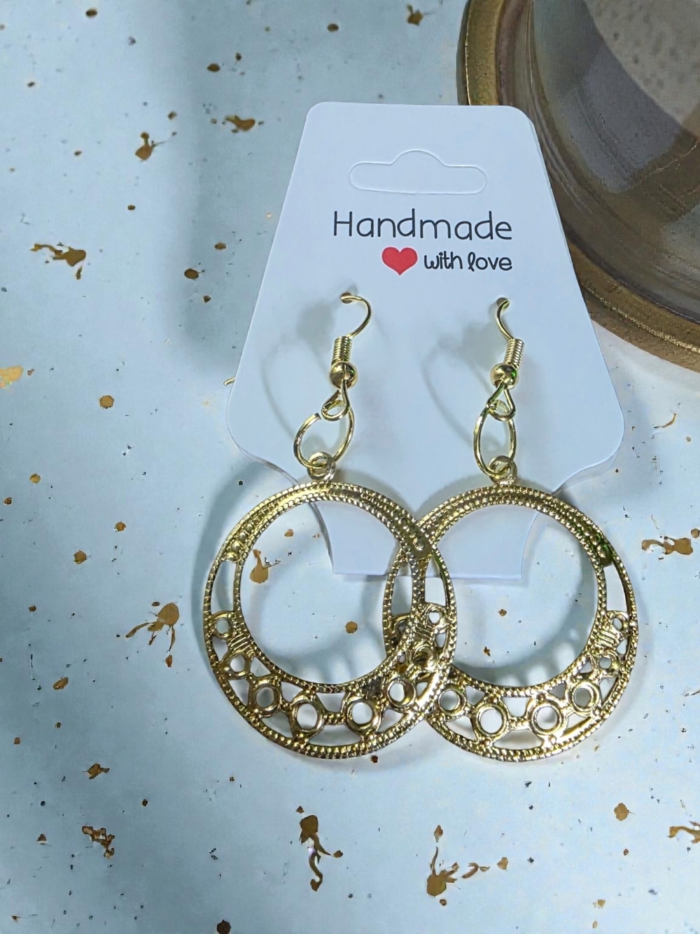 Handmade Gold Tone Textured Open Circle Drop Earrings